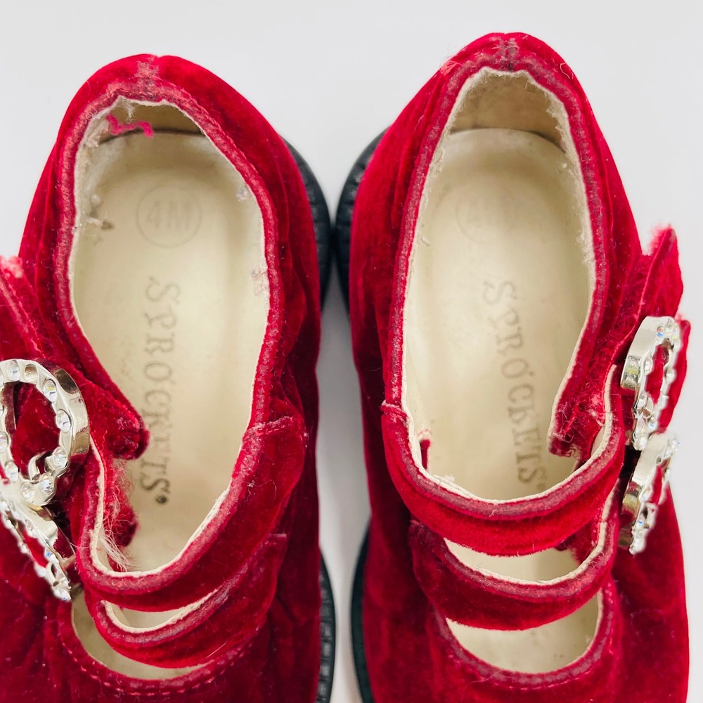 Vtg Sprockets Mary Jane Red Velvet Rhinestone Heart Buckle Baby Girl 4 Coquette - Picture 4 of 6